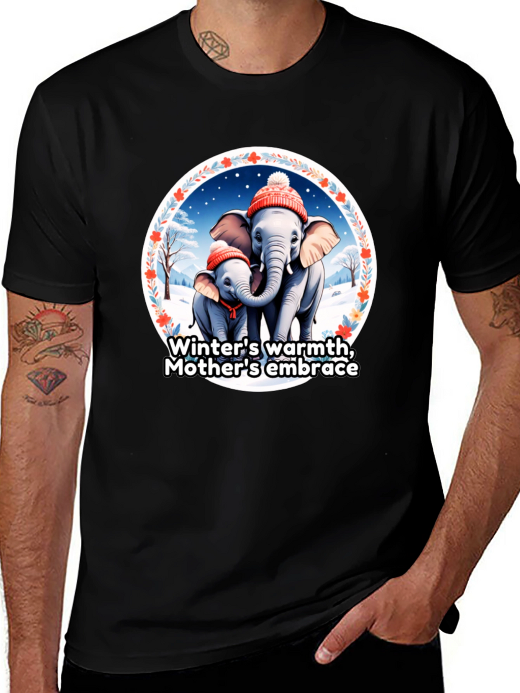 Elephant Mothers Embrace Winter T-Shirt