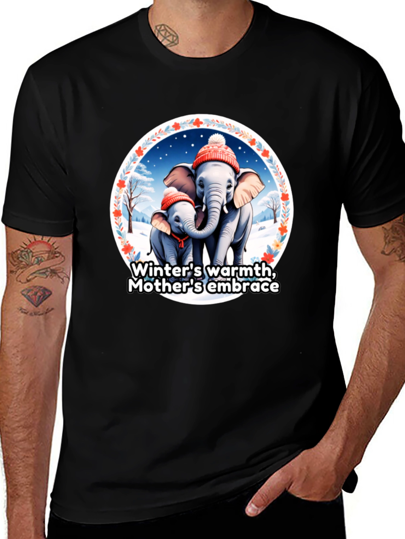 Elephant Mothers Embrace Winter T-Shirt