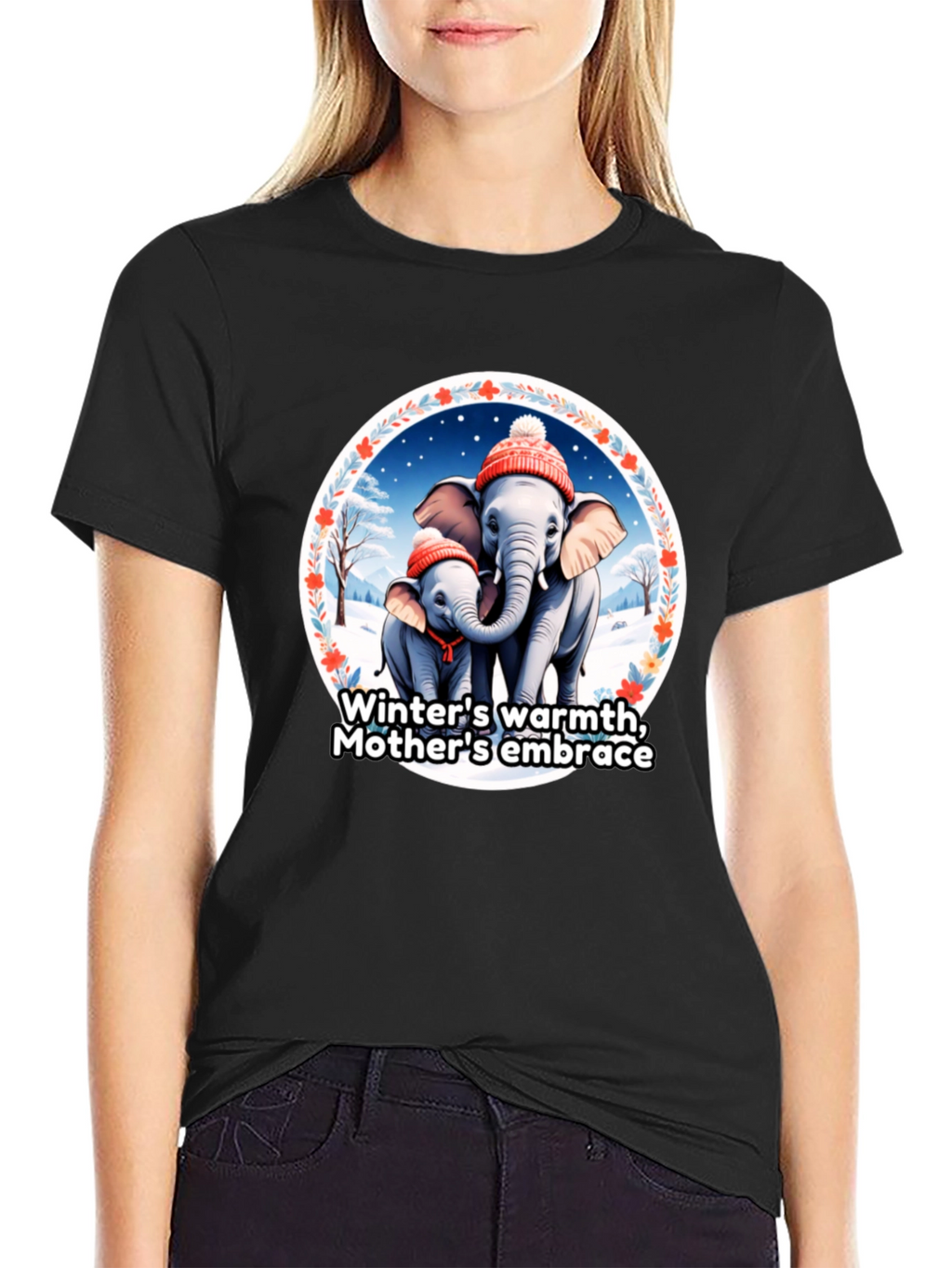 Elephant Mothers Embrace Winter T-Shirt
