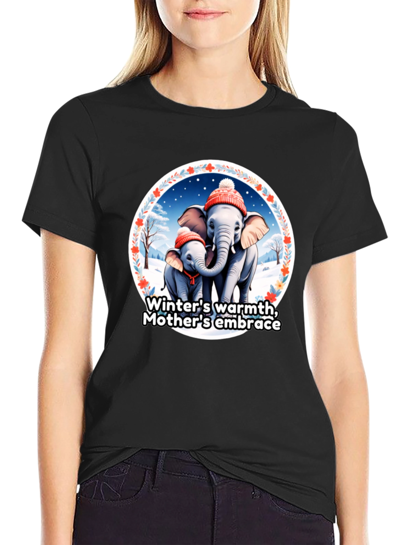 Elephant Mothers Embrace Winter T-Shirt