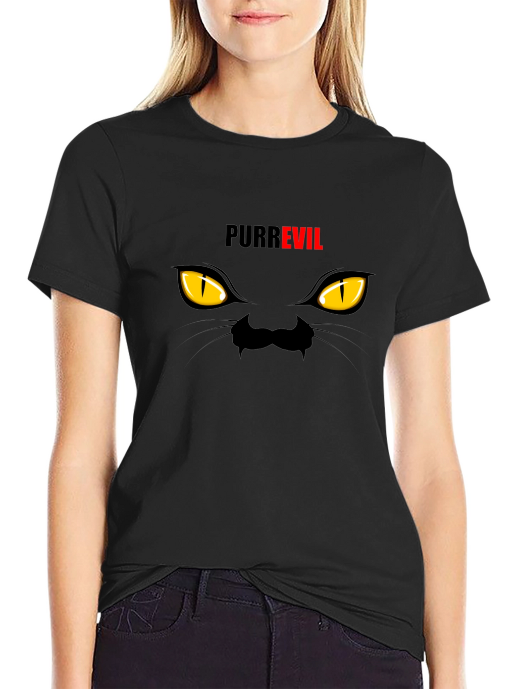 Purr Evil Cat Eyes Graphic T-Shirt - Black