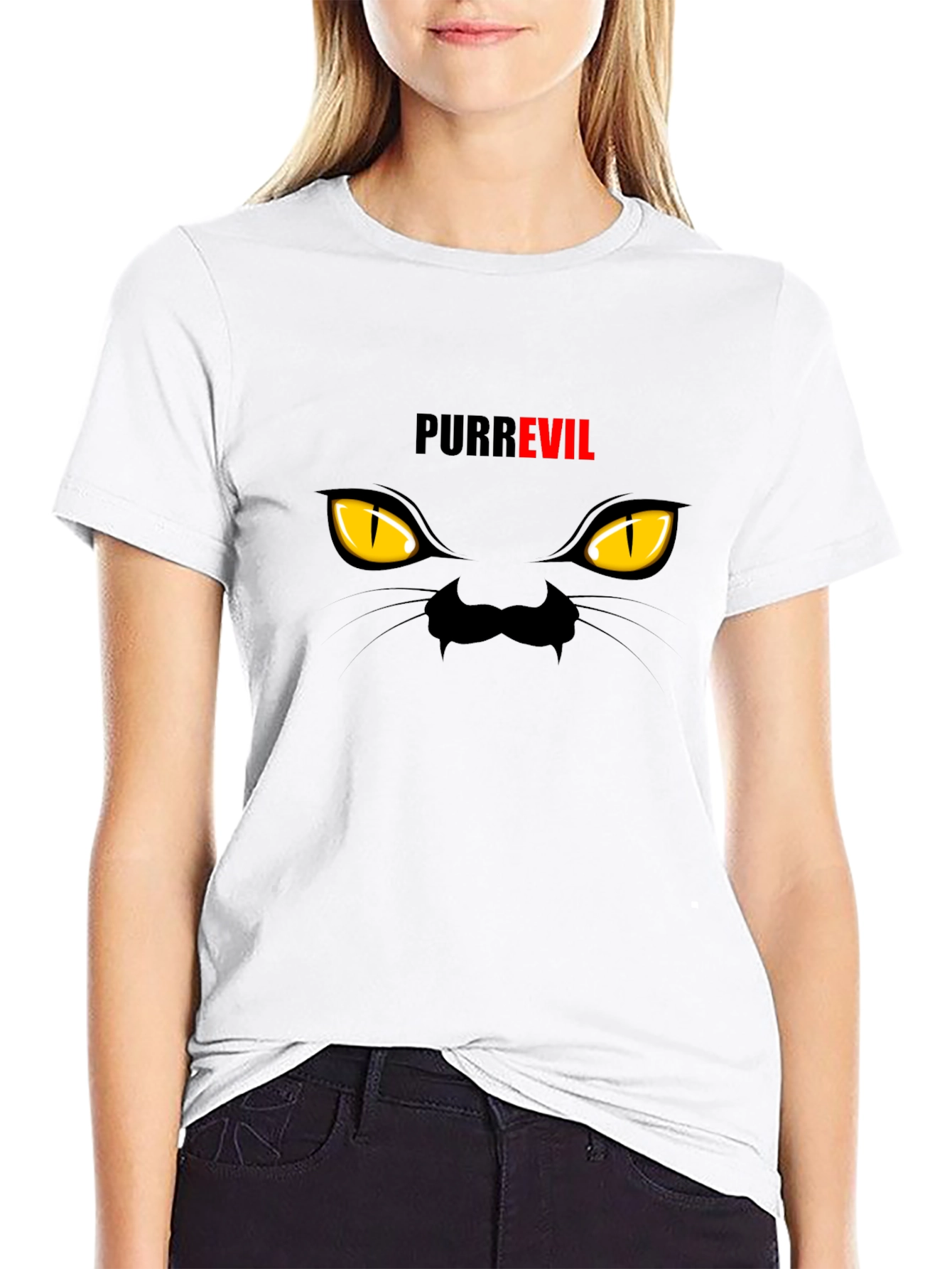 Purr Evil Cat Eyes Graphic T-Shirt - Black