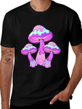 Funky Mushroom Graphic Tee - Black Cotton T-Shirt