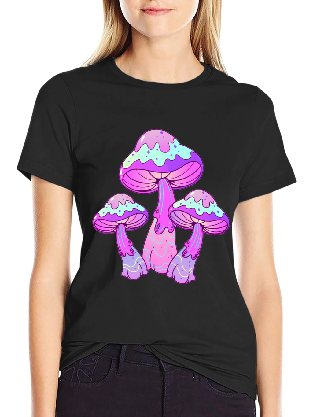 Funky Mushroom Graphic Tee - Black Cotton T-Shirt