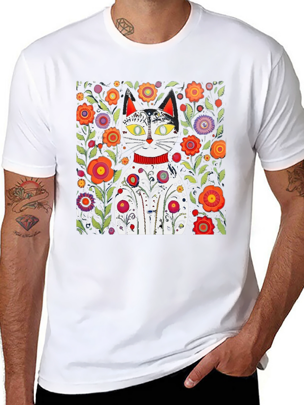 Floral Cat Graphic Tee - Unique Artistic Design