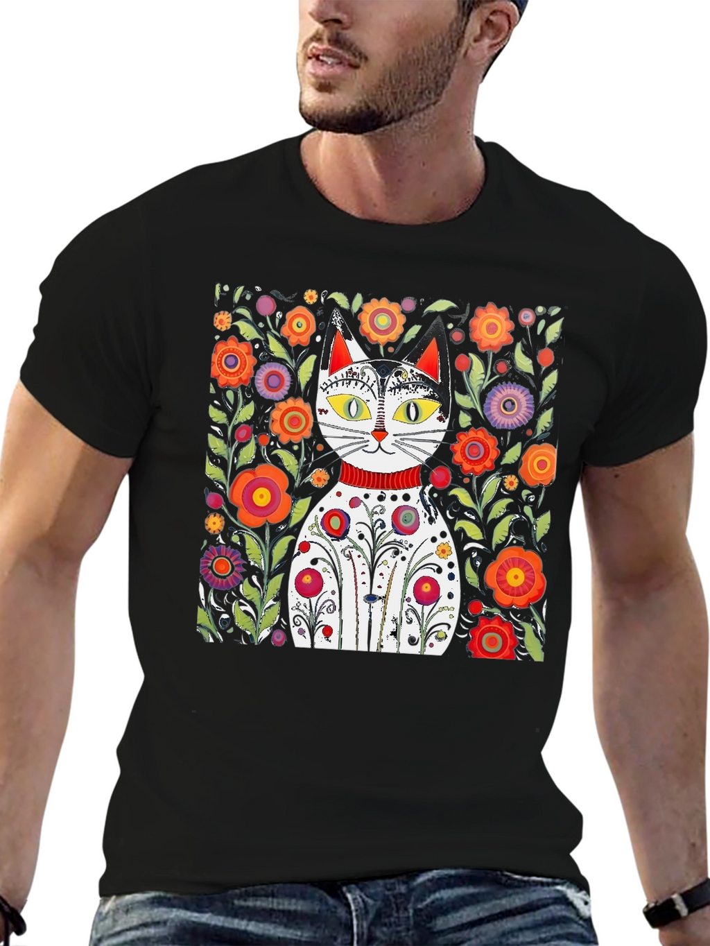 Floral Cat Graphic Tee - Unique Artistic Design