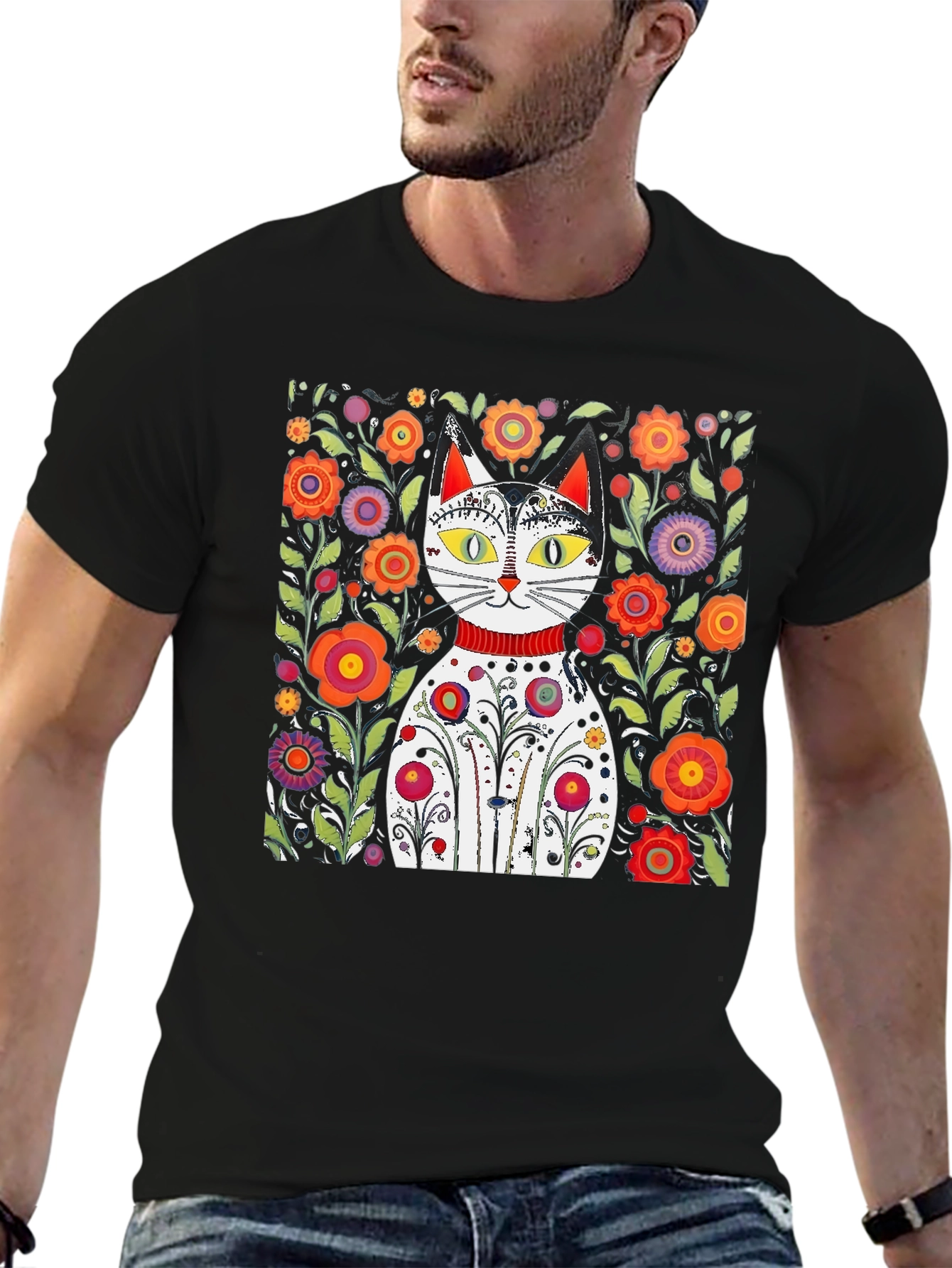 Floral Cat Graphic Tee - Unique Artistic Design