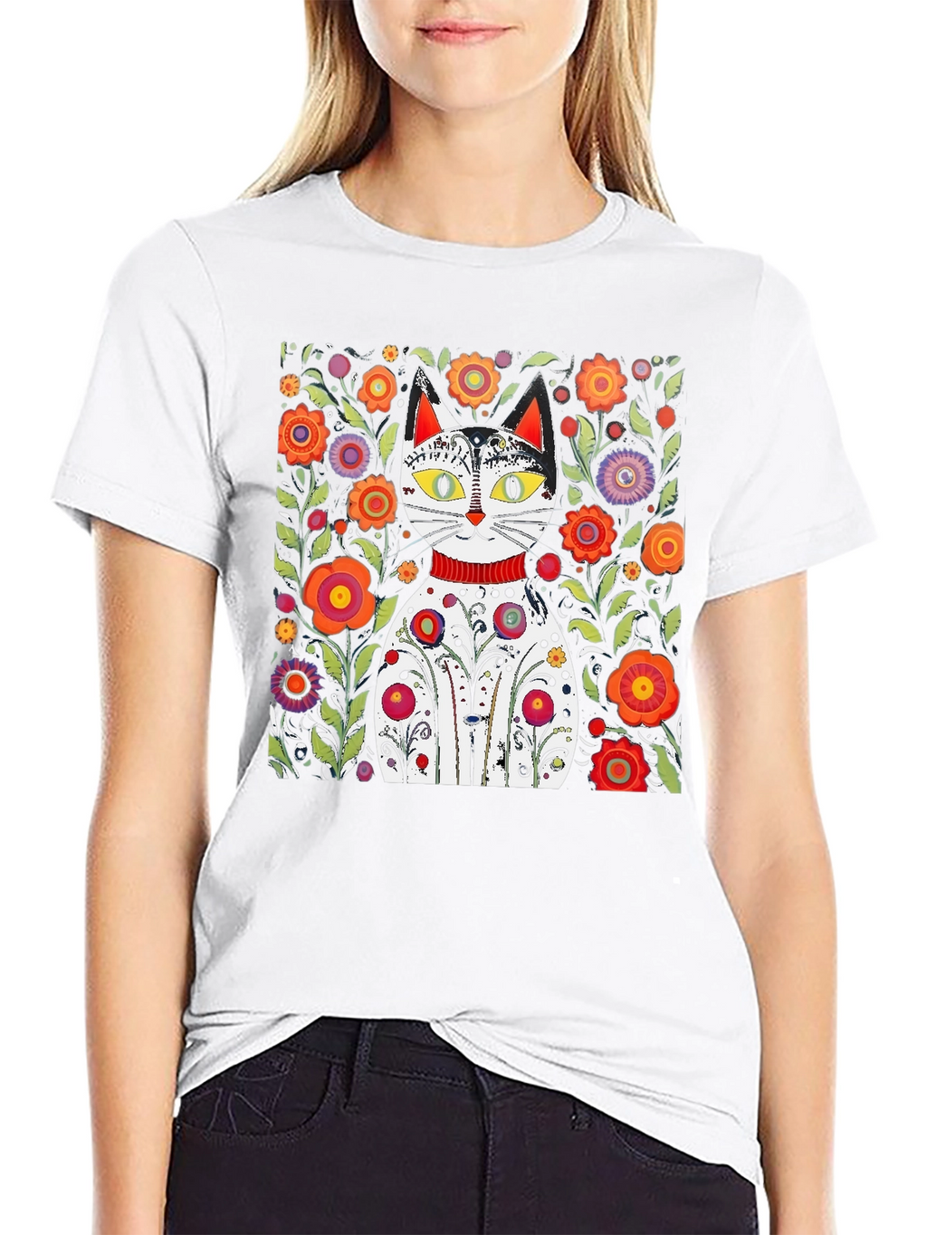 Floral Cat Graphic Tee - Unique Artistic Design