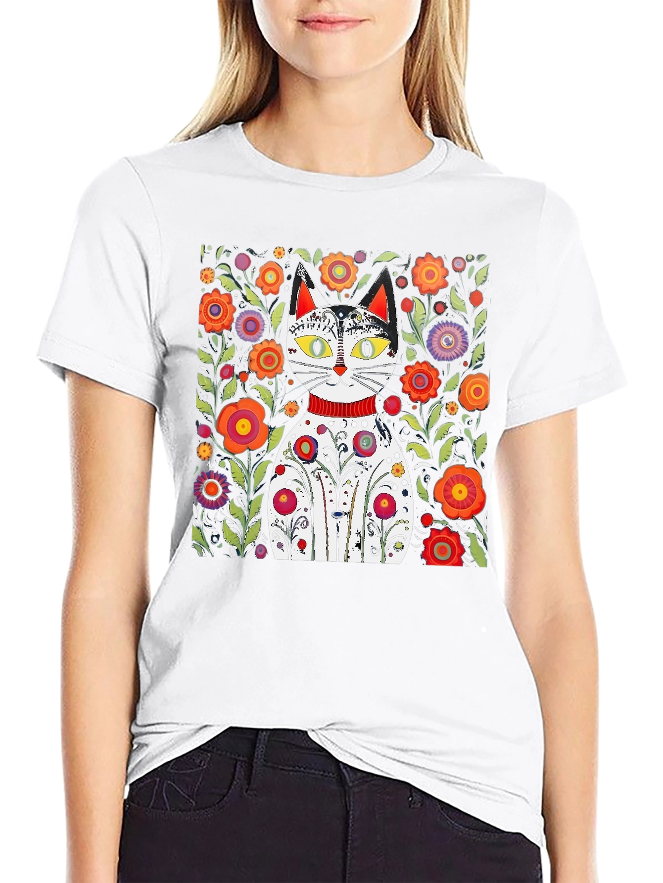 Floral Cat Graphic Tee - Unique Artistic Design