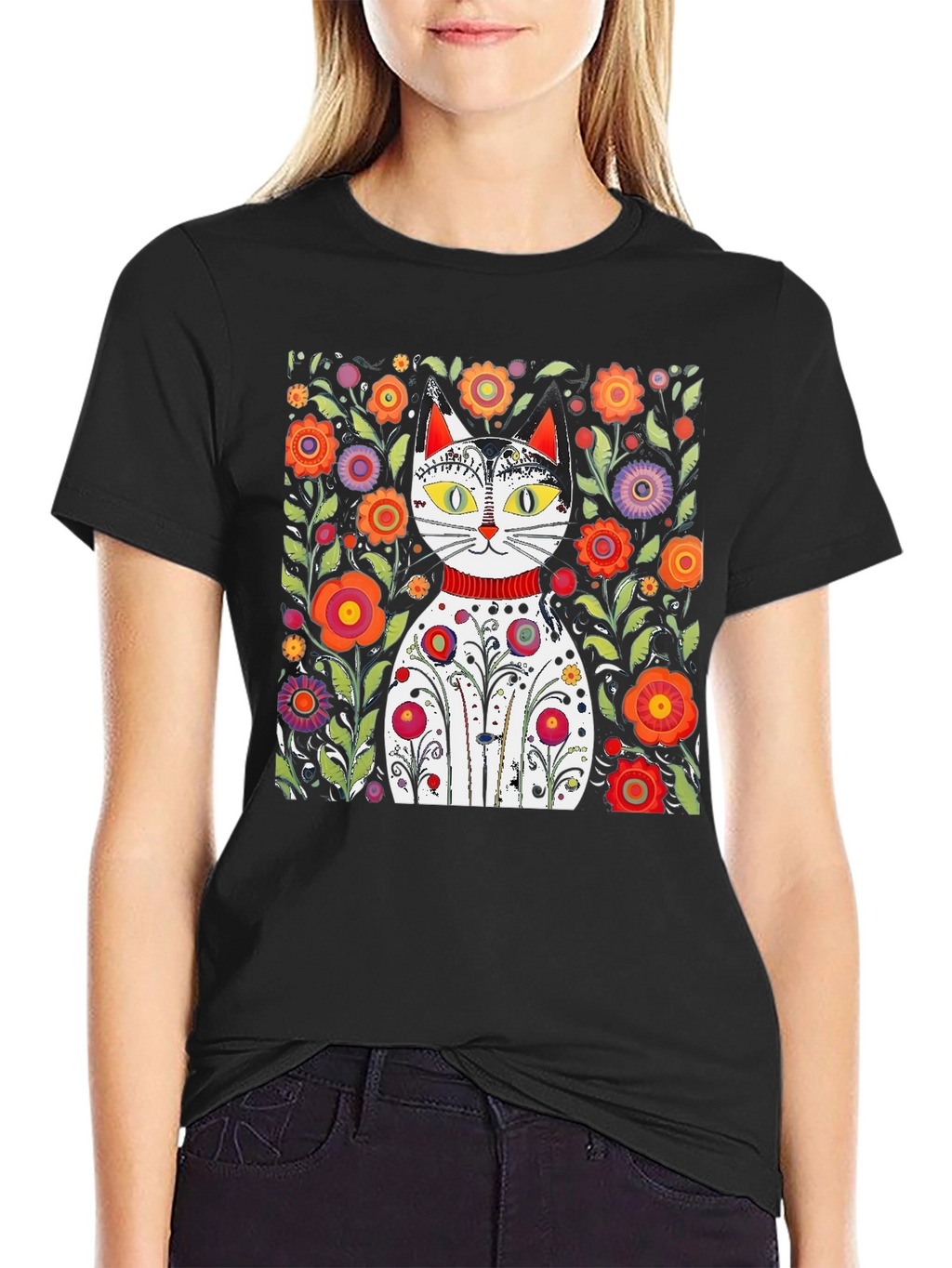 Floral Cat Graphic Tee - Unique Artistic Design