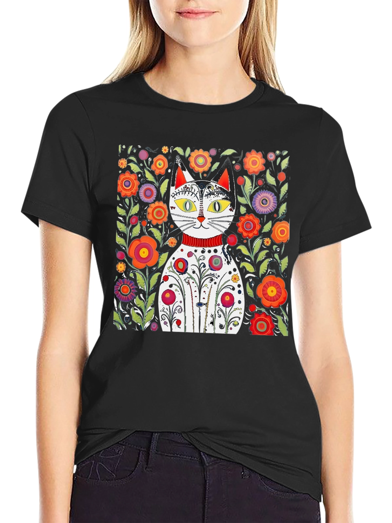 Floral Cat Graphic Tee - Unique Artistic Design