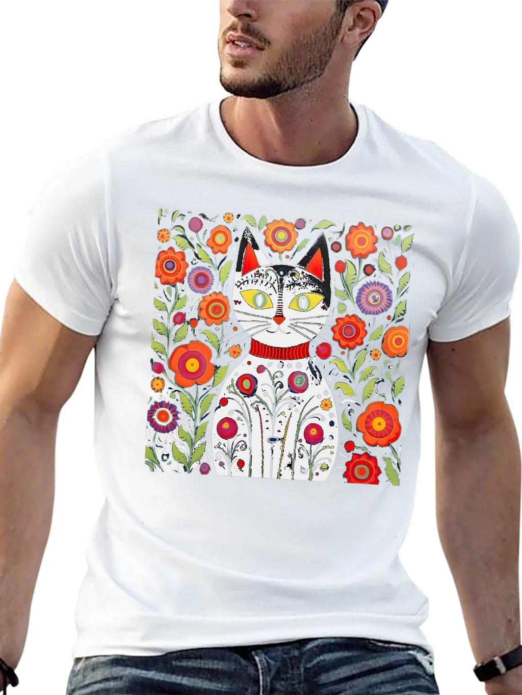 Floral Cat Graphic Tee - Unique Artistic Design