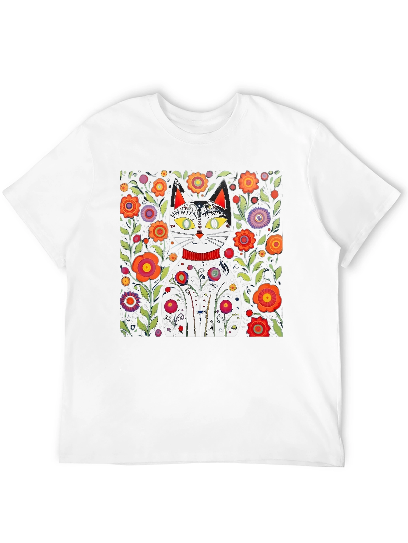 Floral Cat Graphic Tee - Unique Artistic Design