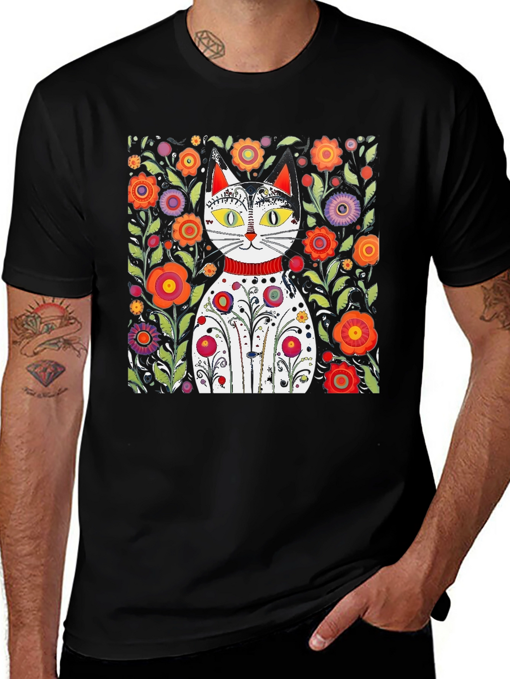 Floral Cat Graphic Tee - Unique Artistic Design