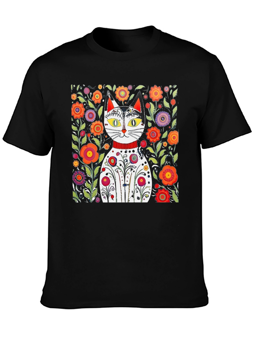 Floral Cat Graphic Tee - Unique Artistic Design