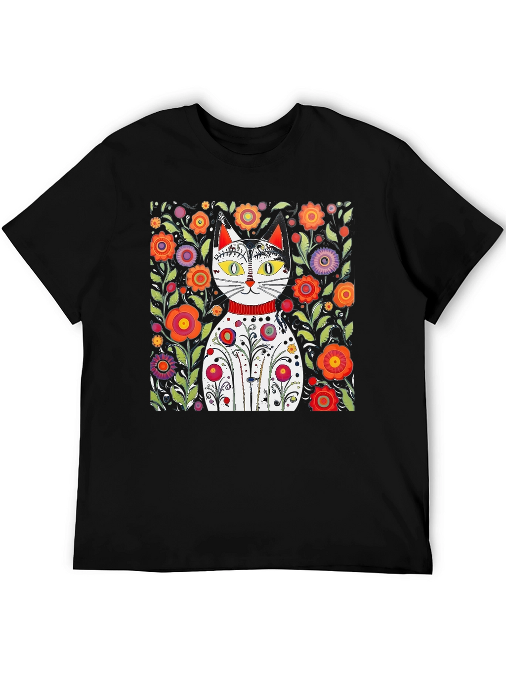 Floral Cat Graphic Tee - Unique Artistic Design