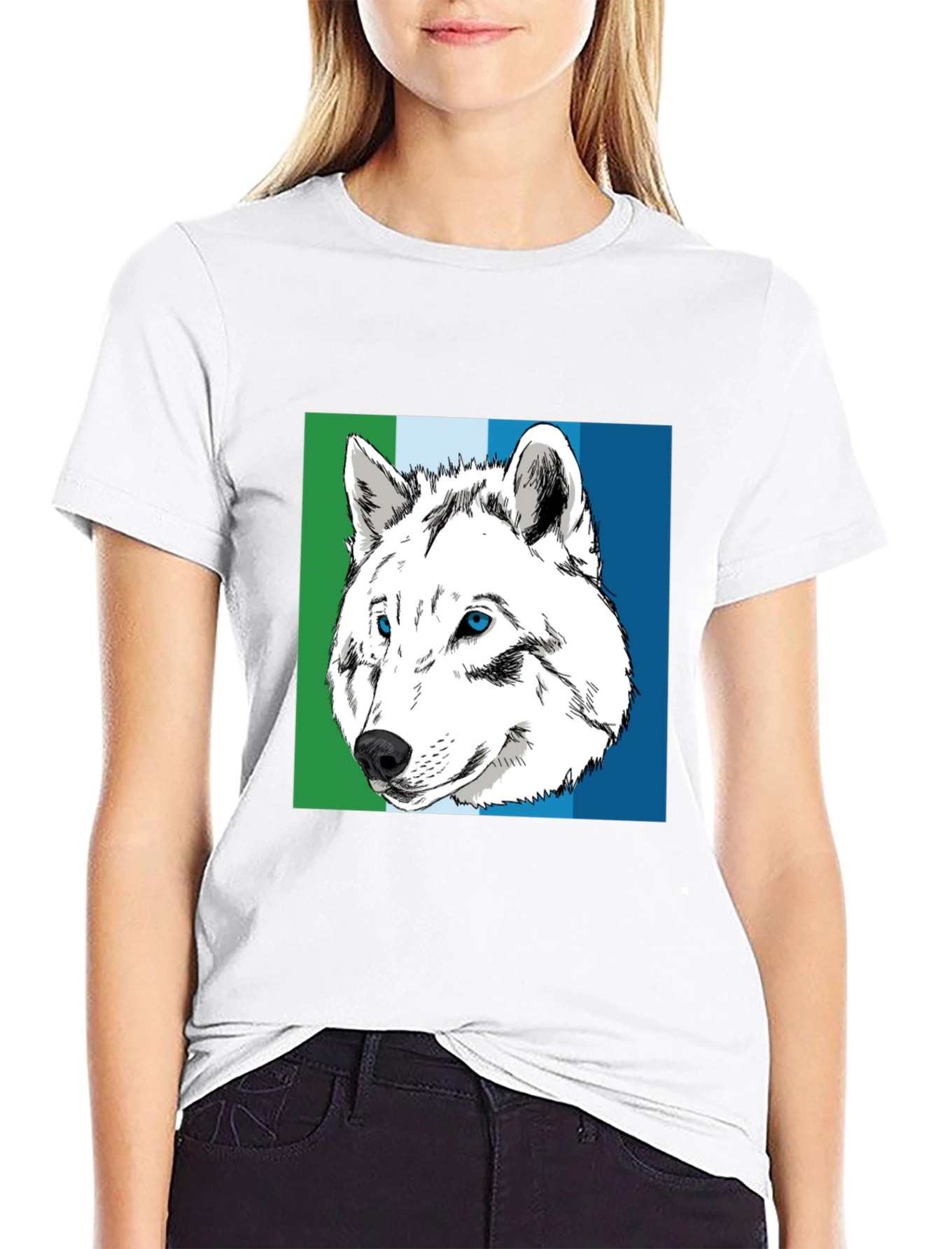 Wolf Graphic Tee - Blue & Green Stripe