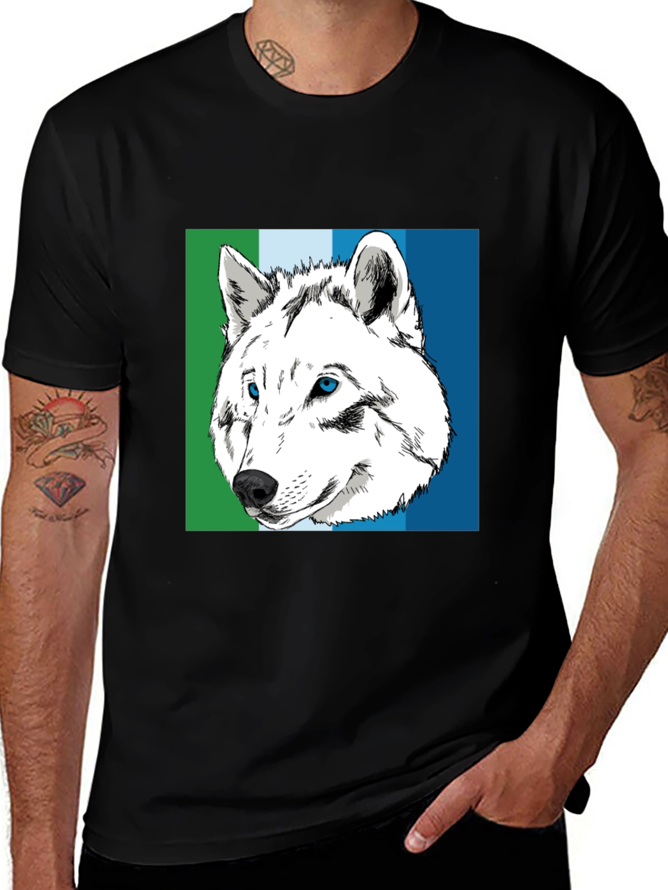 Wolf Graphic Tee - Blue & Green Stripe
