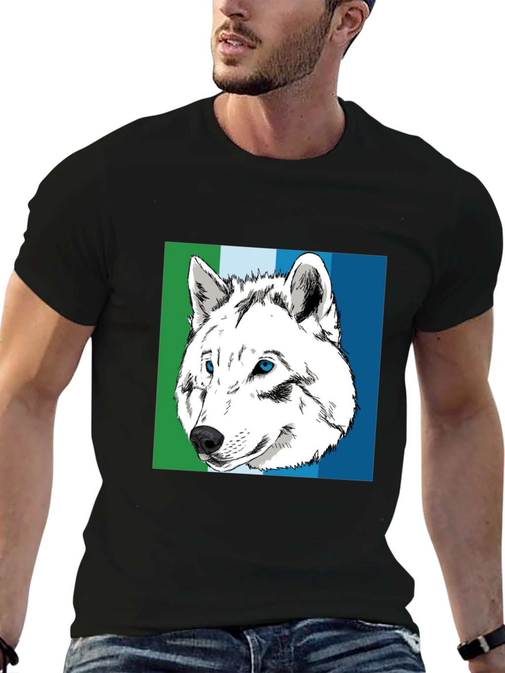 Wolf Graphic Tee - Blue & Green Stripe