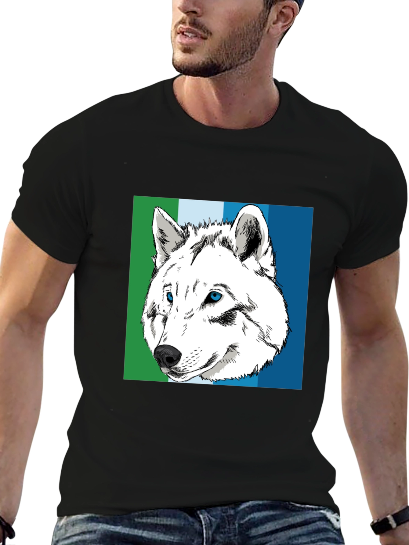 Wolf Graphic Tee - Blue & Green Stripe