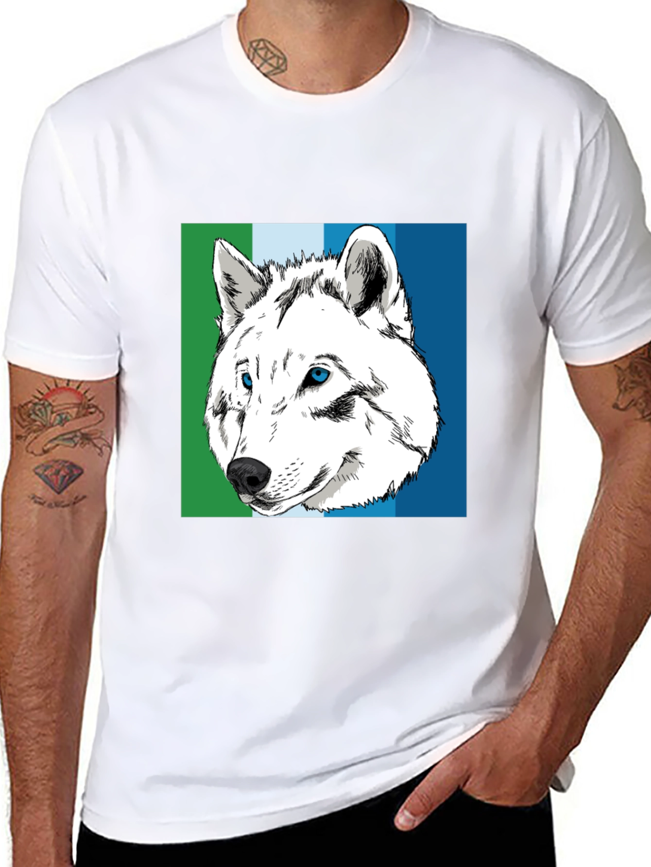 Wolf Graphic Tee - Blue & Green Stripe