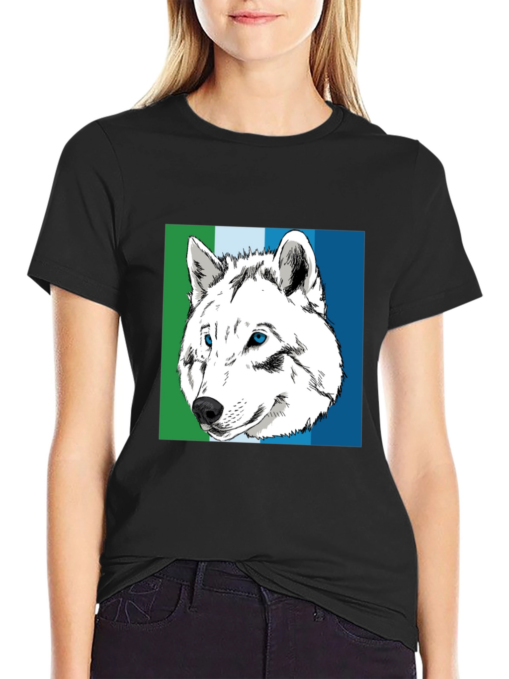 Wolf Graphic Tee - Blue & Green Stripe