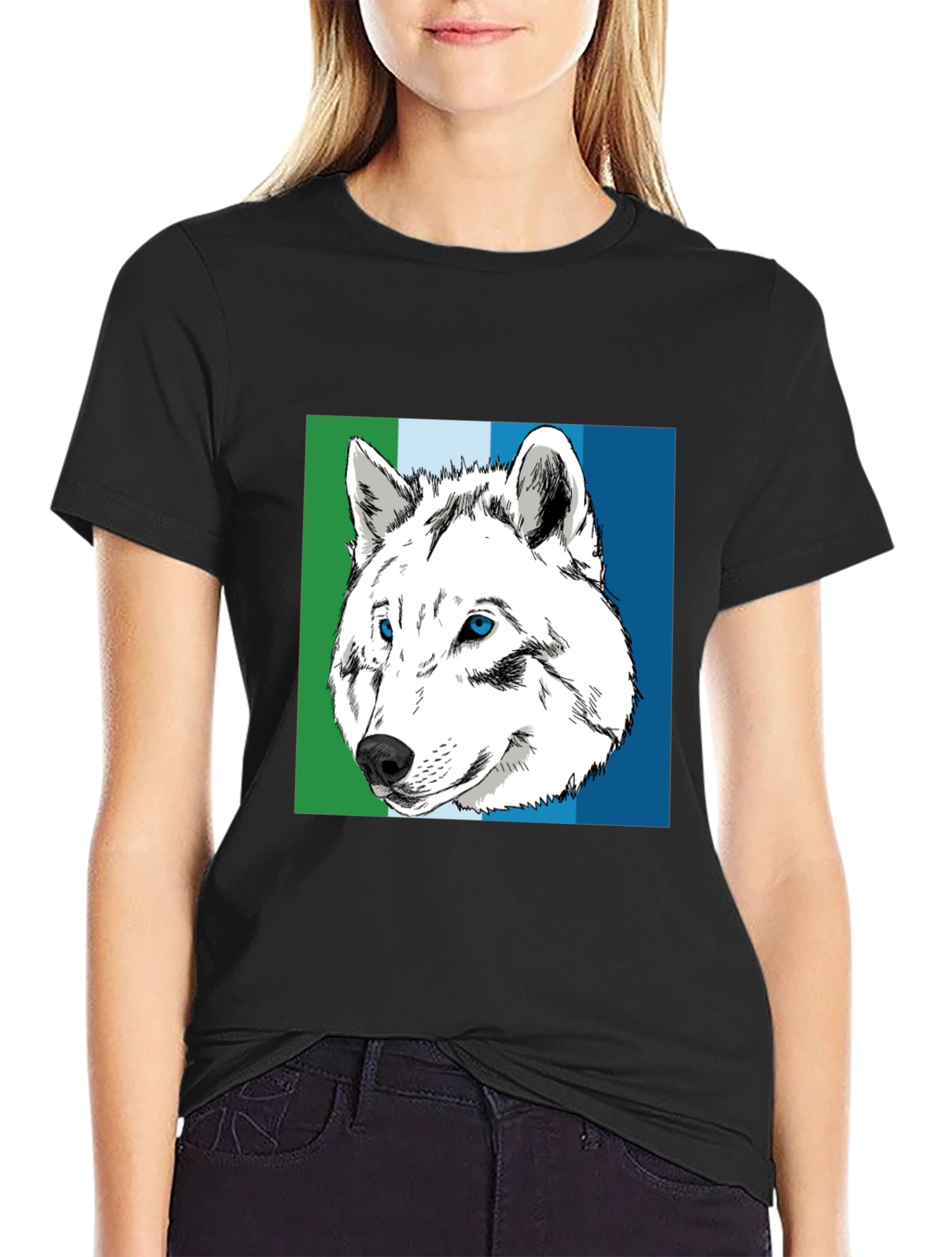 Wolf Graphic Tee - Blue & Green Stripe