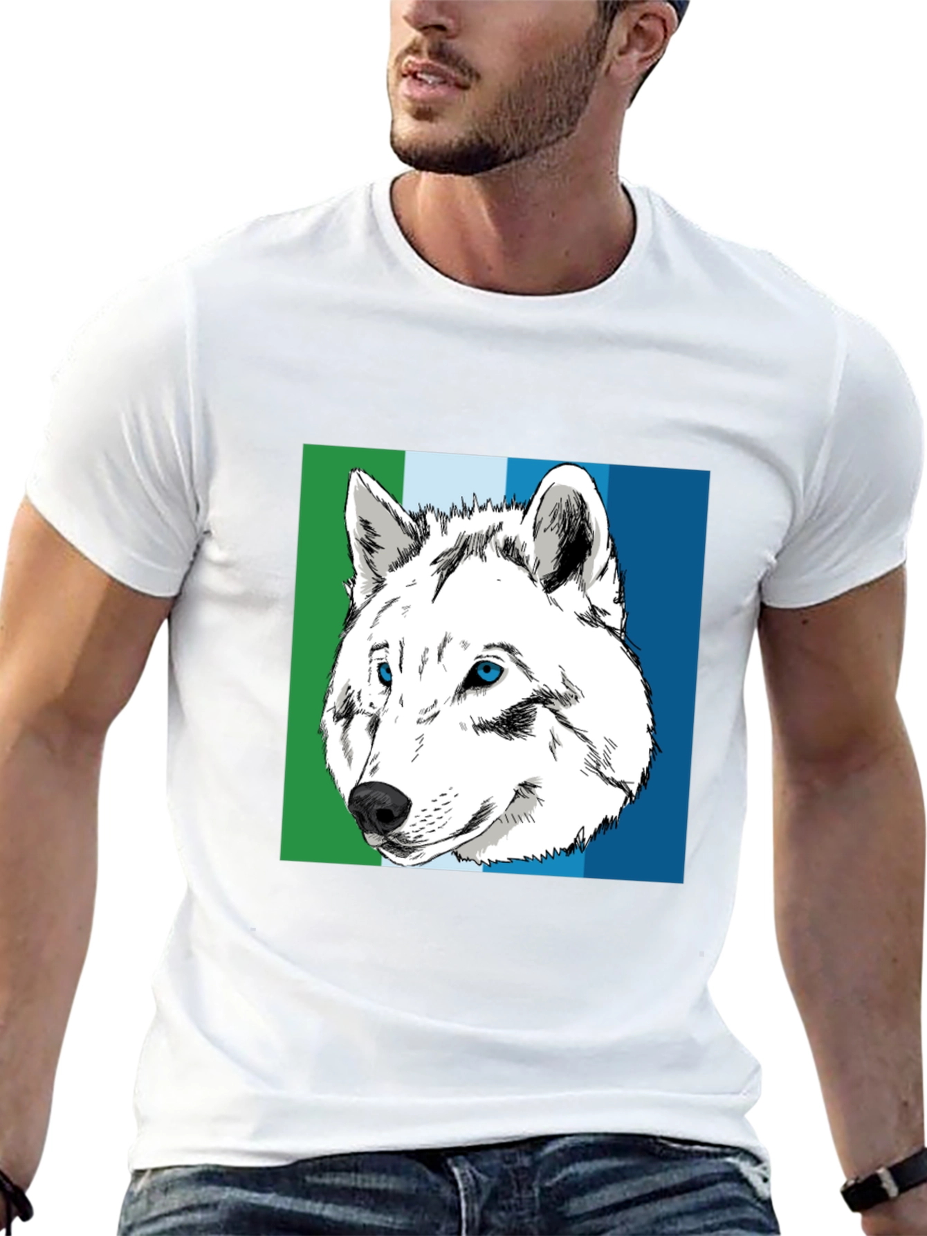 Wolf Graphic Tee - Blue & Green Stripe