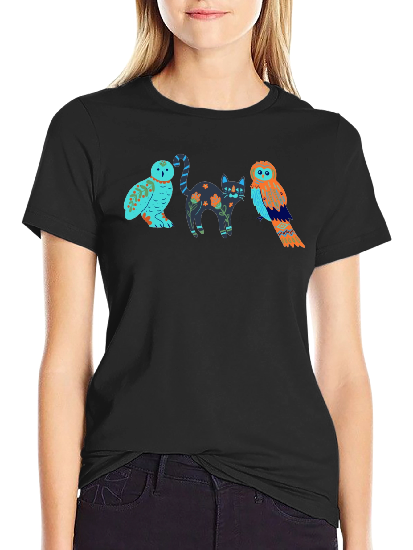 Alebrije T-Shirt: Colorful Owl and Cat Design