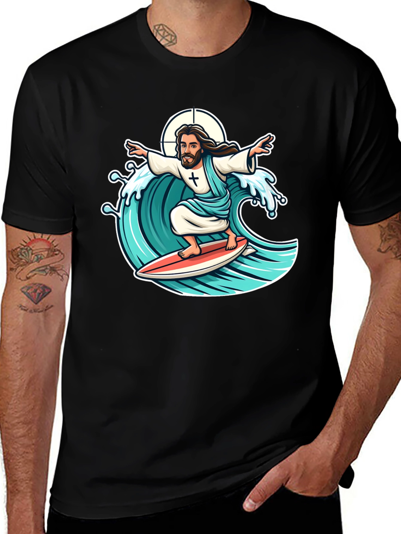 Surfing Jesus Graphic T-Shirt