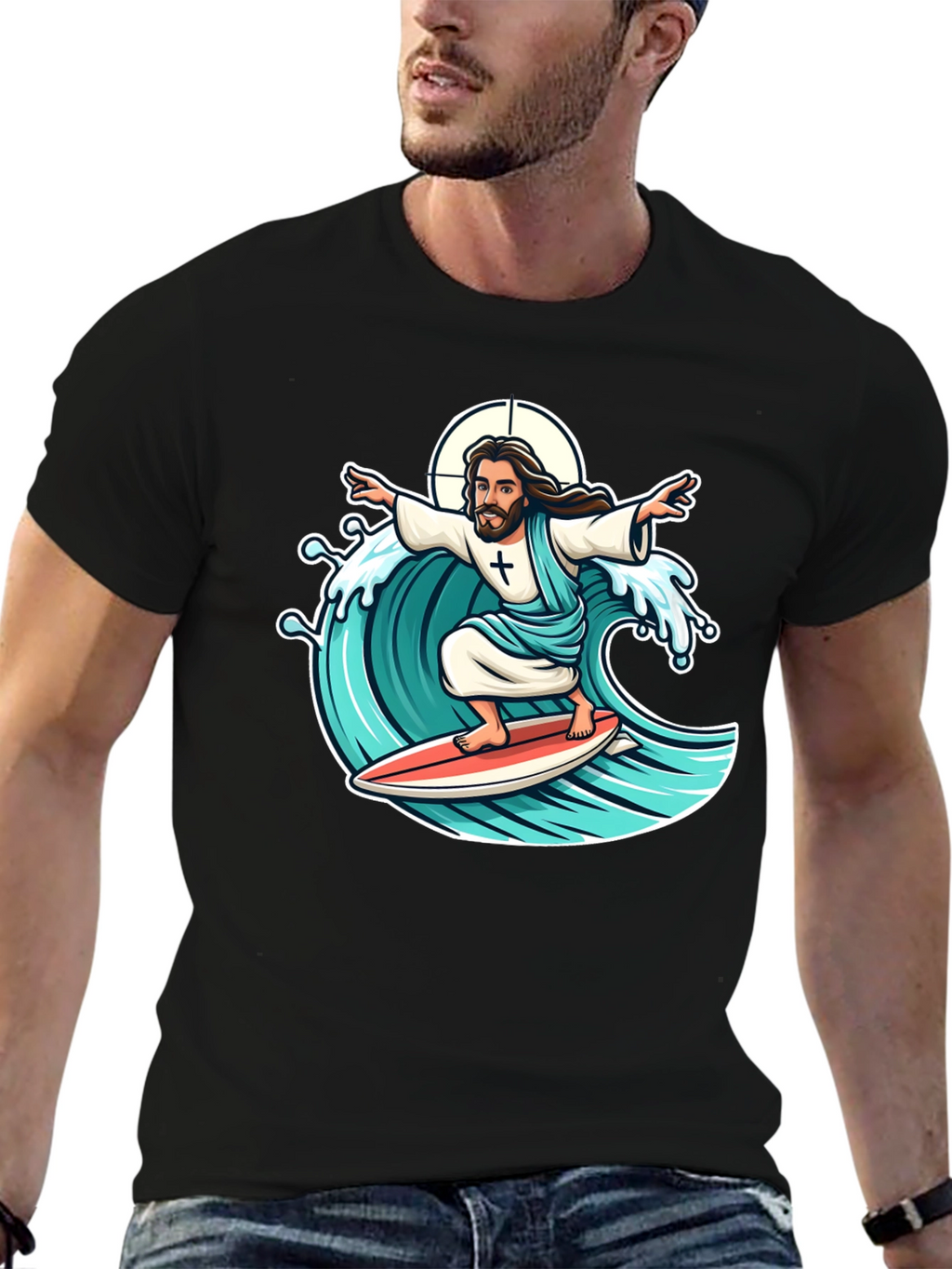 Surfing Jesus Graphic T-Shirt