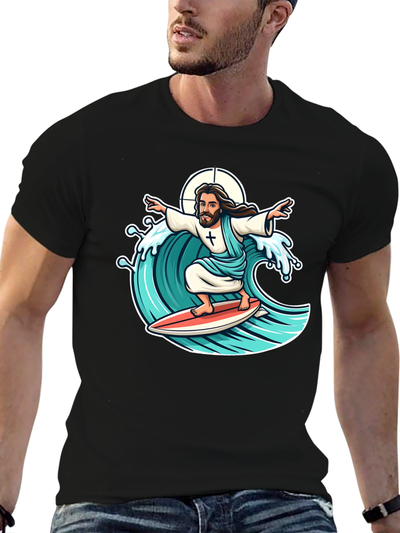 Surfing Jesus Graphic T-Shirt