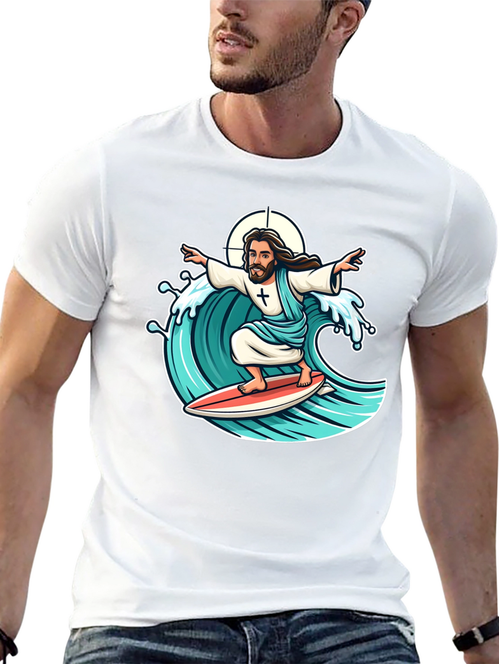 Surfing Jesus Graphic T-Shirt