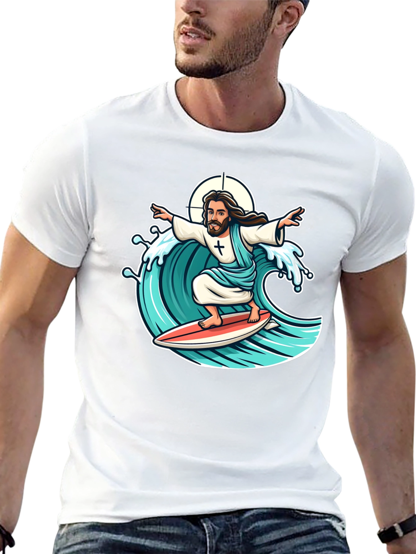Surfing Jesus Graphic T-Shirt
