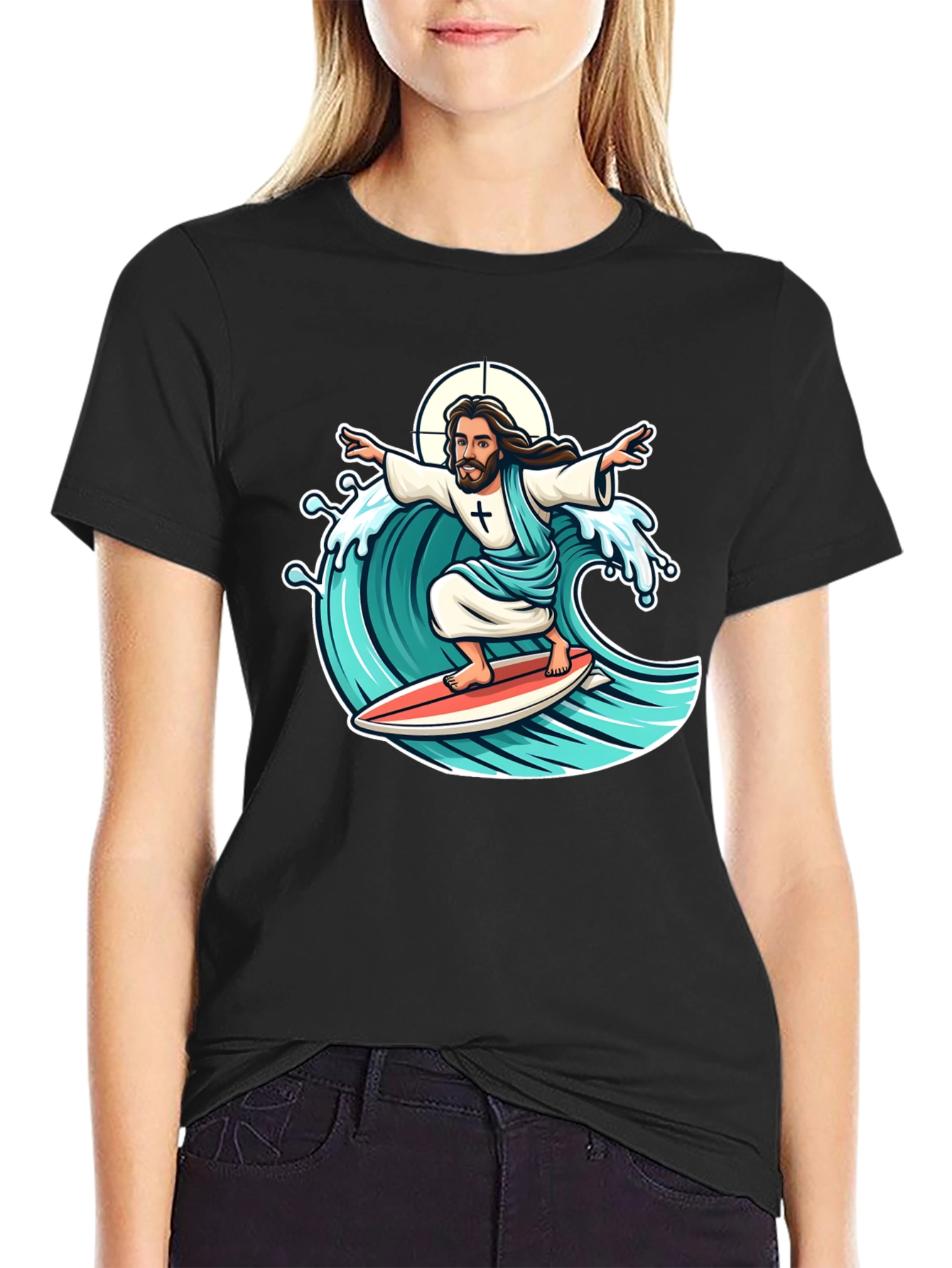 Surfing Jesus Graphic T-Shirt