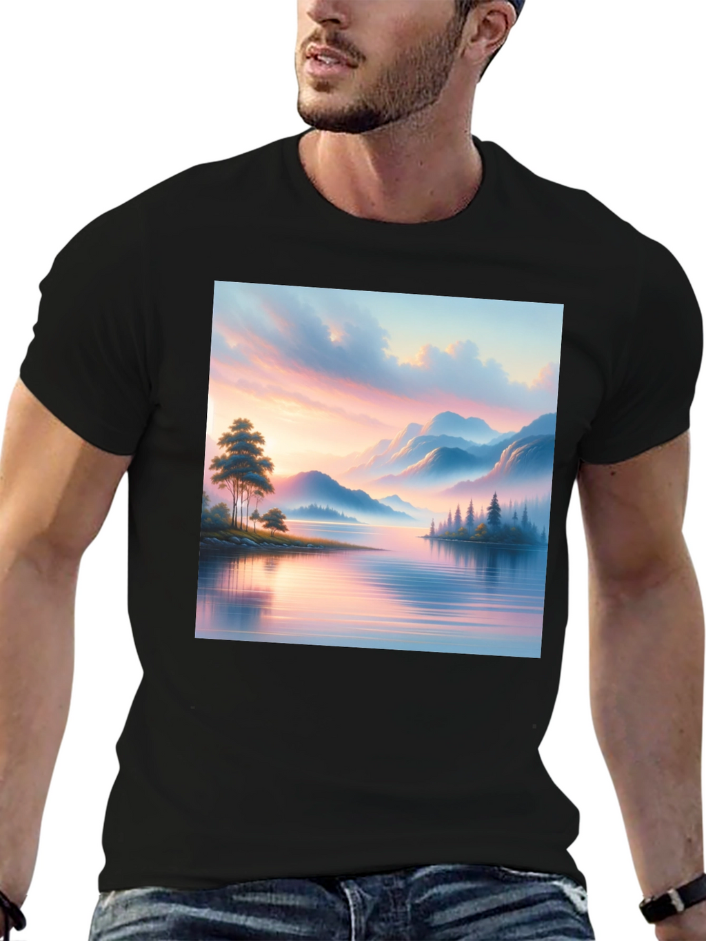 Scenic Lake View Graphic Tee - Black