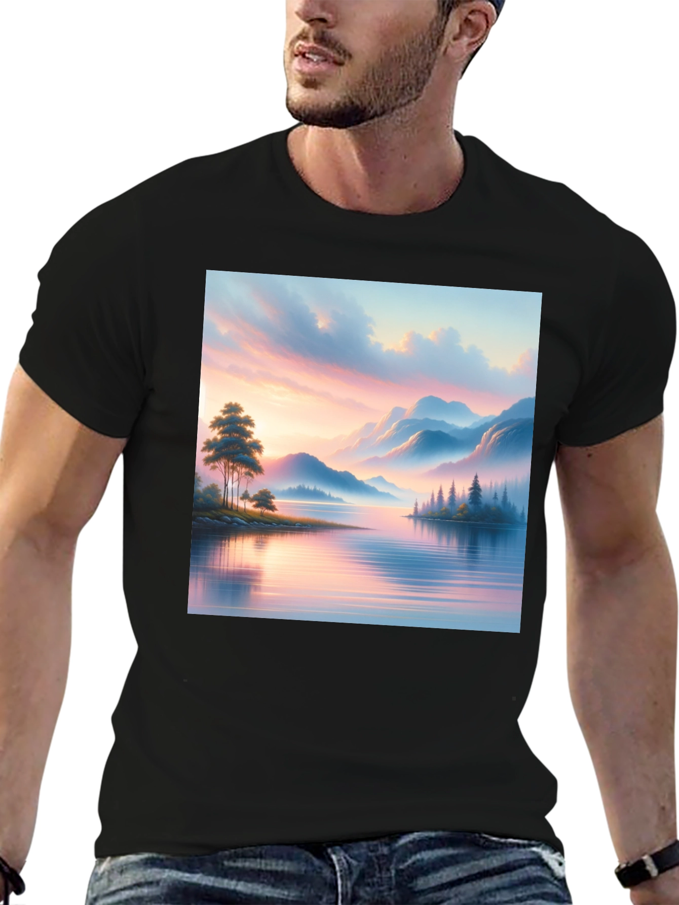 Scenic Lake View Graphic Tee - Black