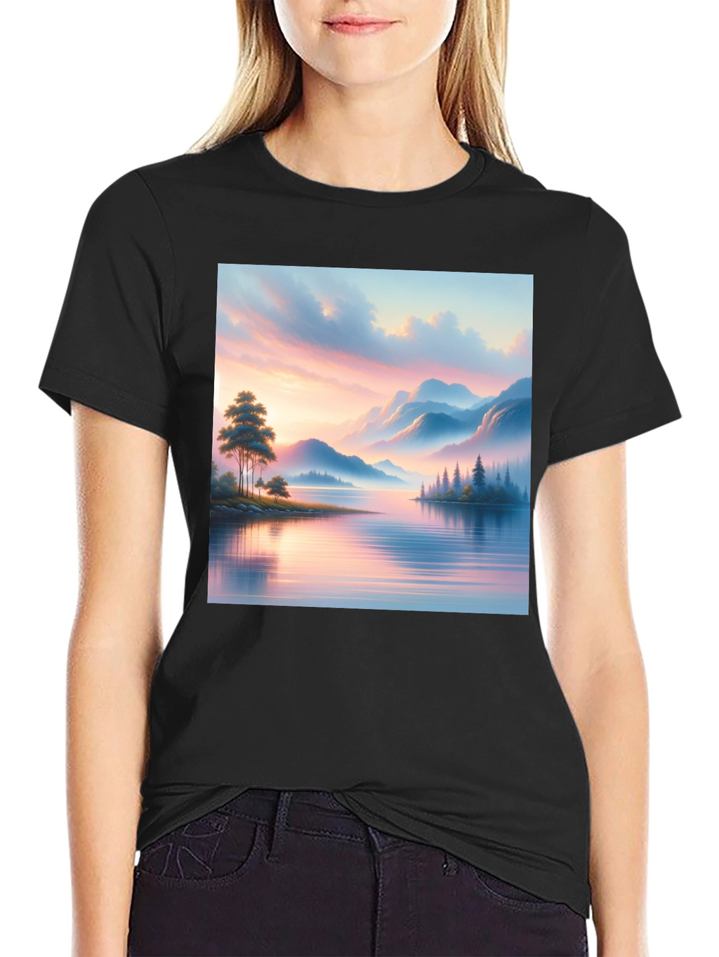 Scenic Lake View Graphic Tee - Black