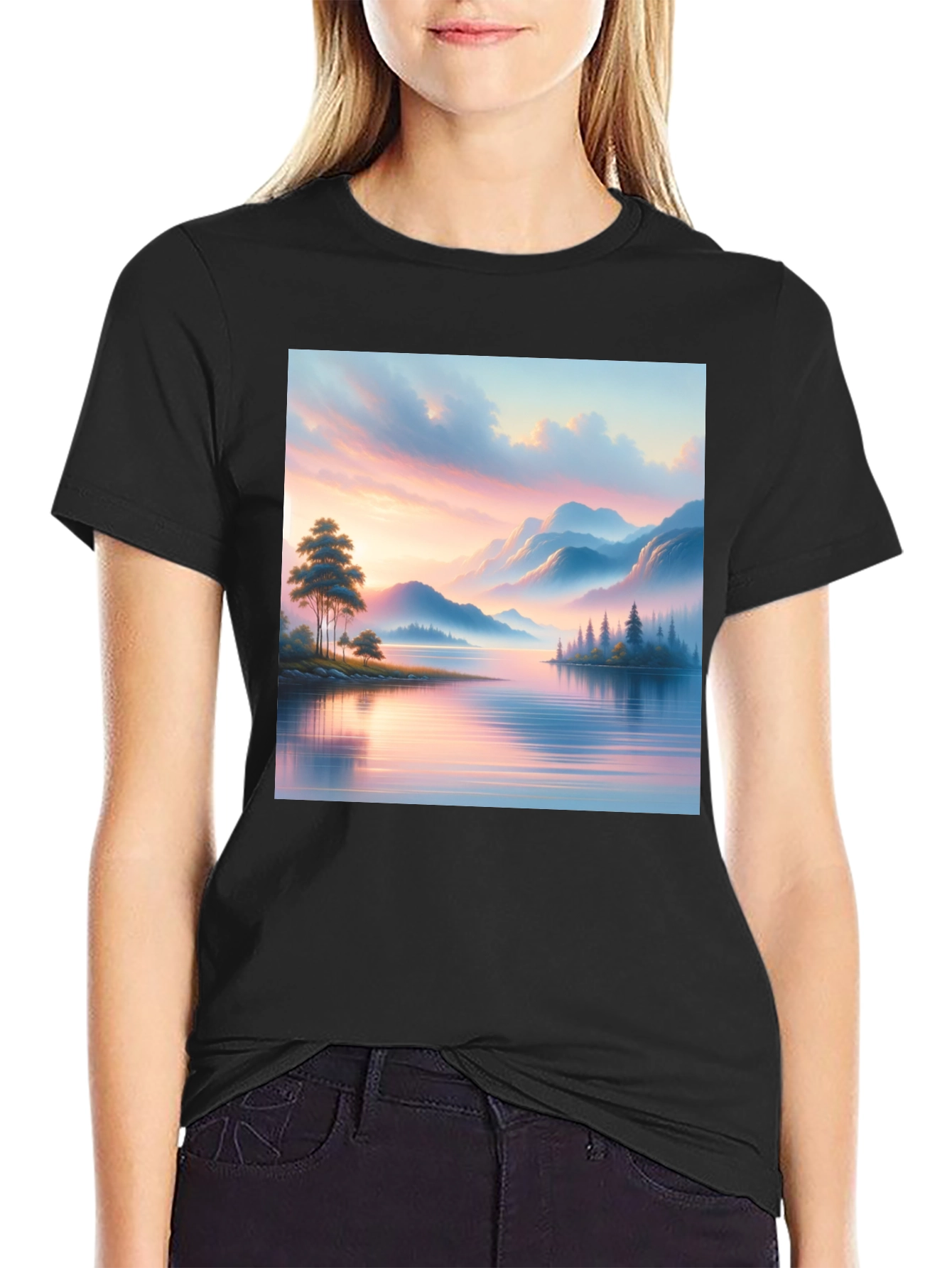 Scenic Lake View Graphic Tee - Black