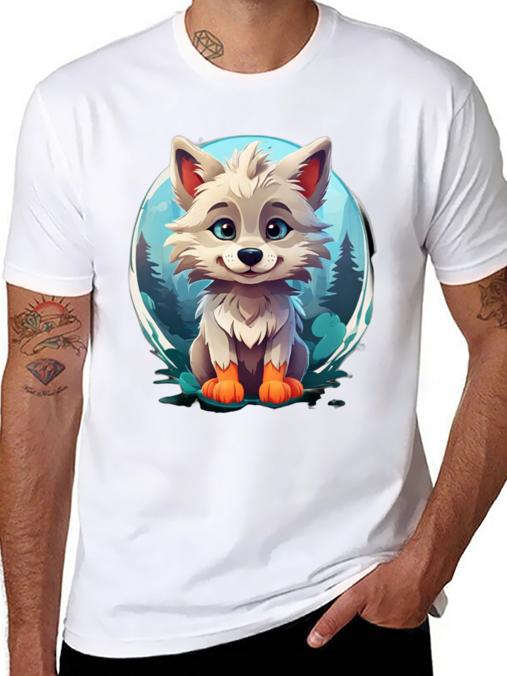 Cute Cartoon Wolf Graphic Tee - Black