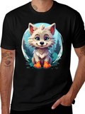 Cute Cartoon Wolf Graphic Tee - Black