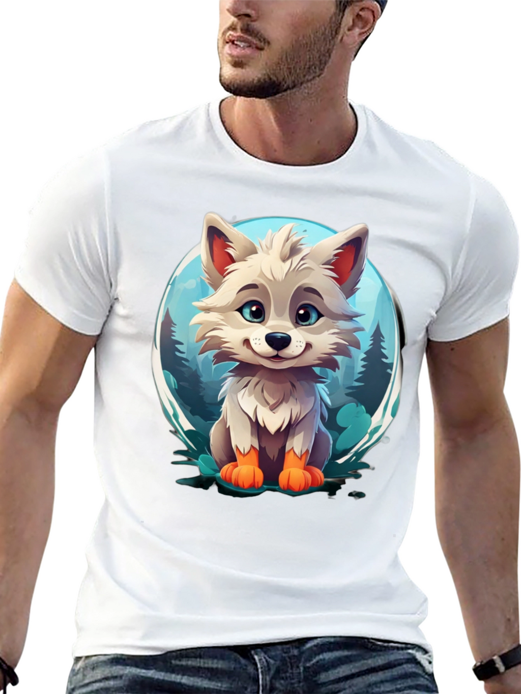 Cute Cartoon Wolf Graphic Tee - Black