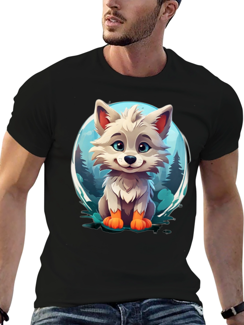 Cute Cartoon Wolf Graphic Tee - Black