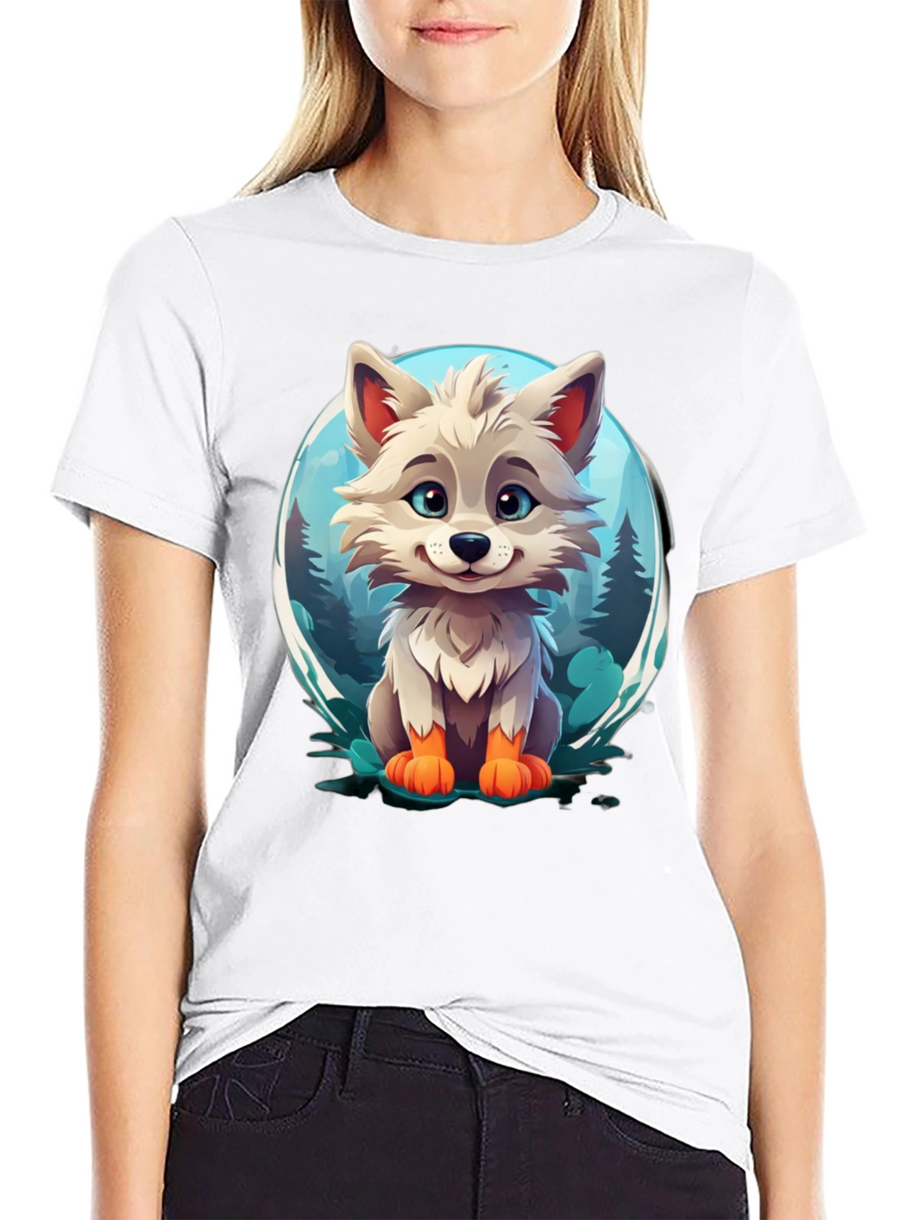 Cute Cartoon Wolf Graphic Tee - Black