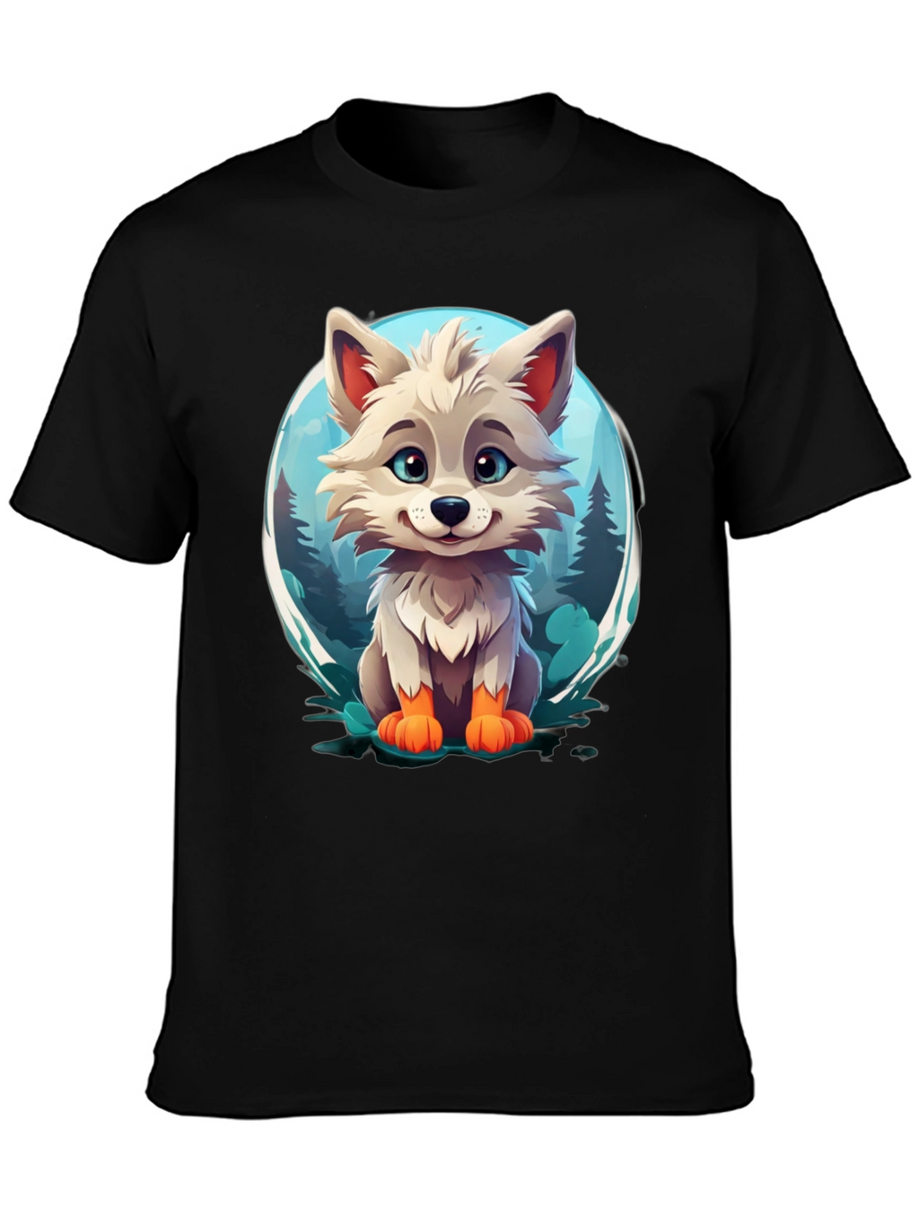 Cute Cartoon Wolf Graphic Tee - Black
