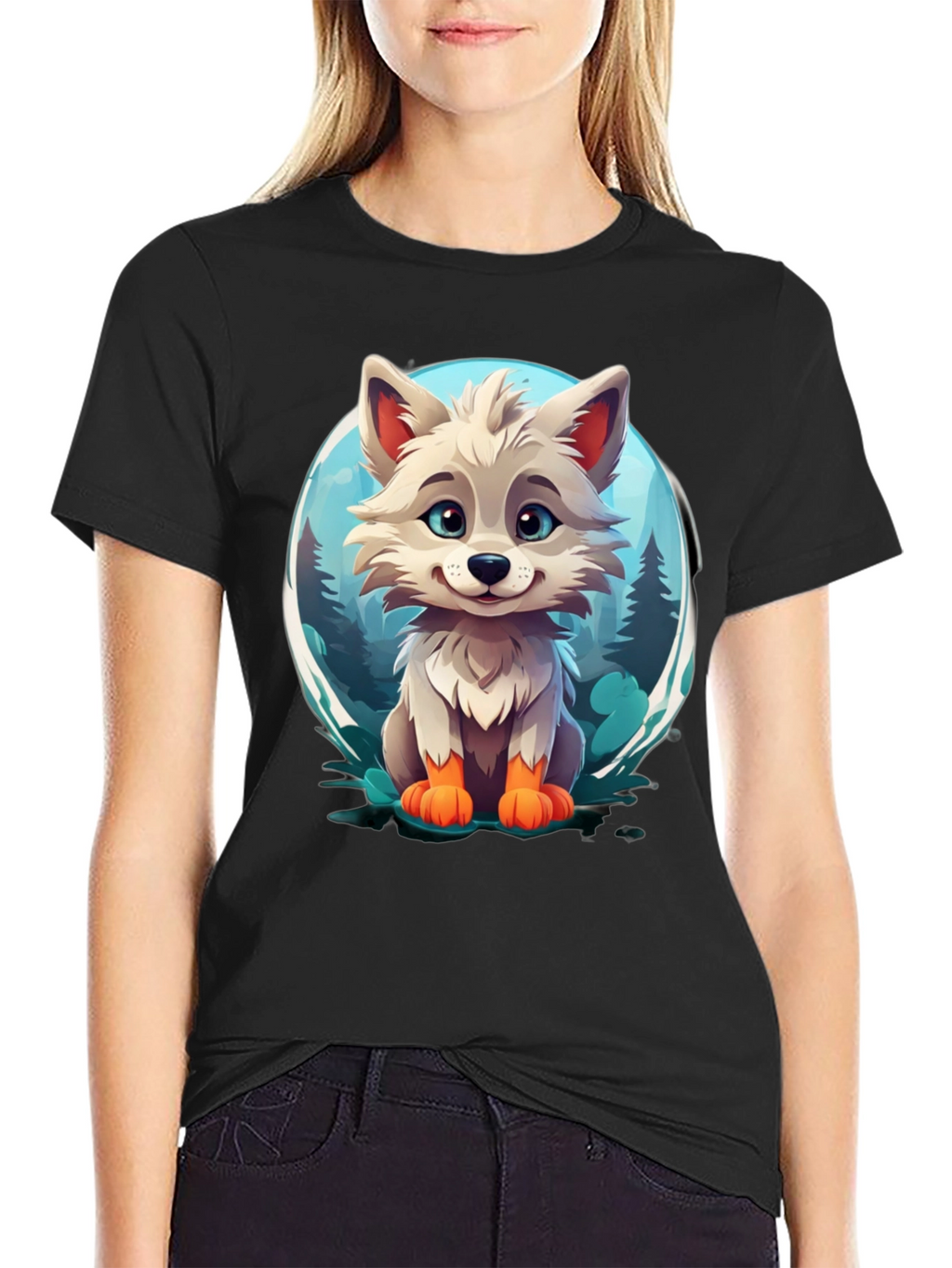 Cute Cartoon Wolf Graphic Tee - Black