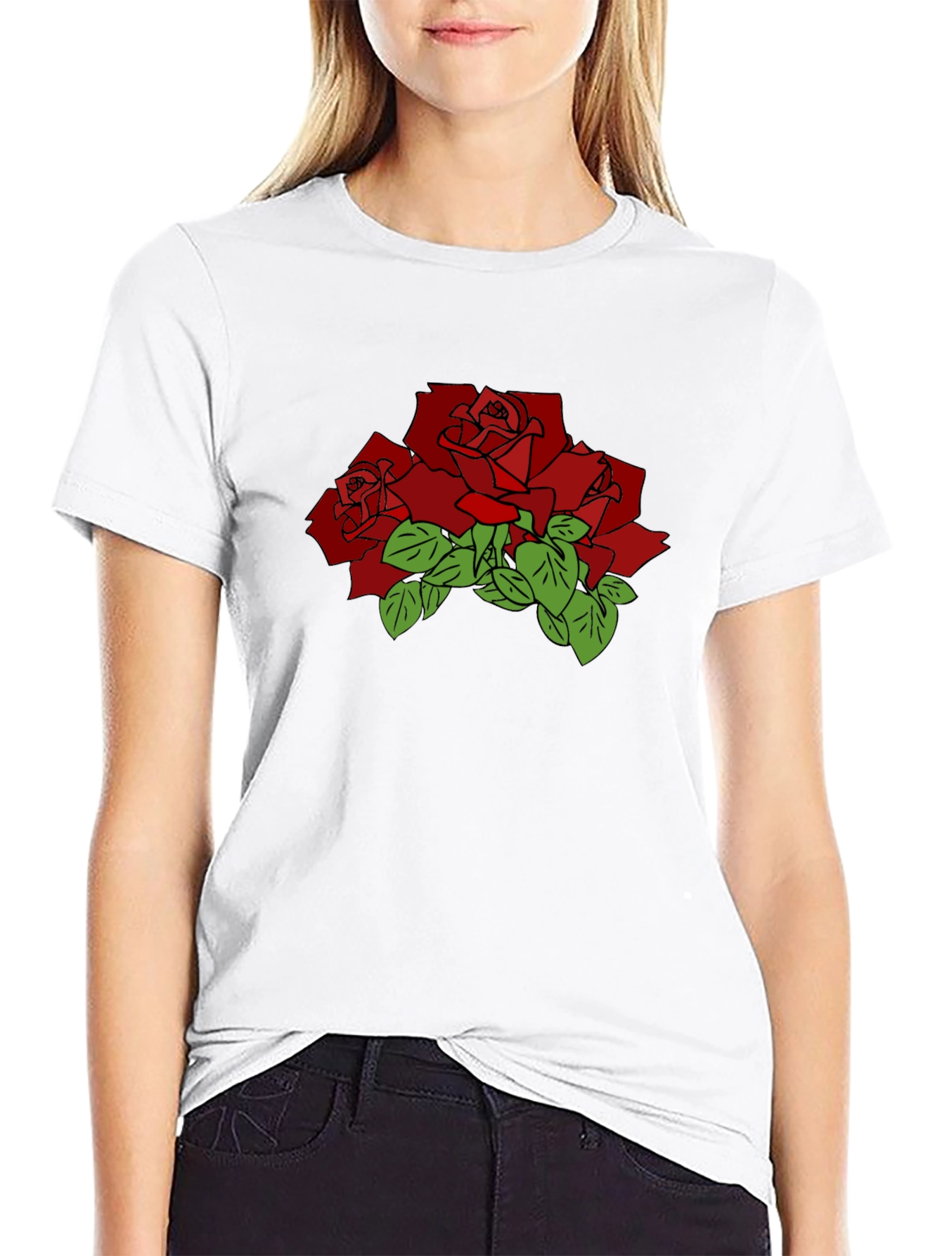 Black T-Shirt with Red Rose Graphic