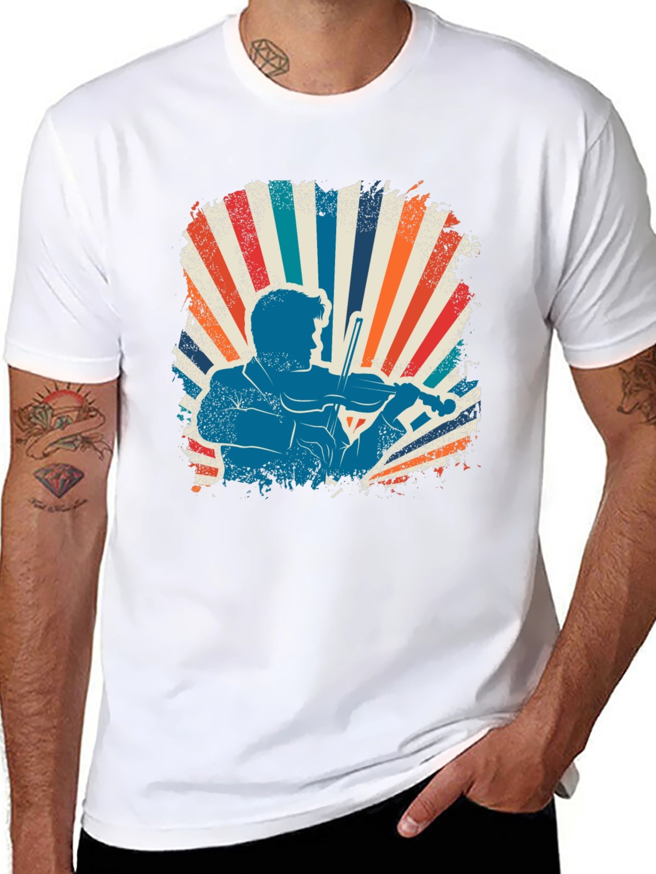 Retro Violinist Graphic Tee - Black Cotton Blend