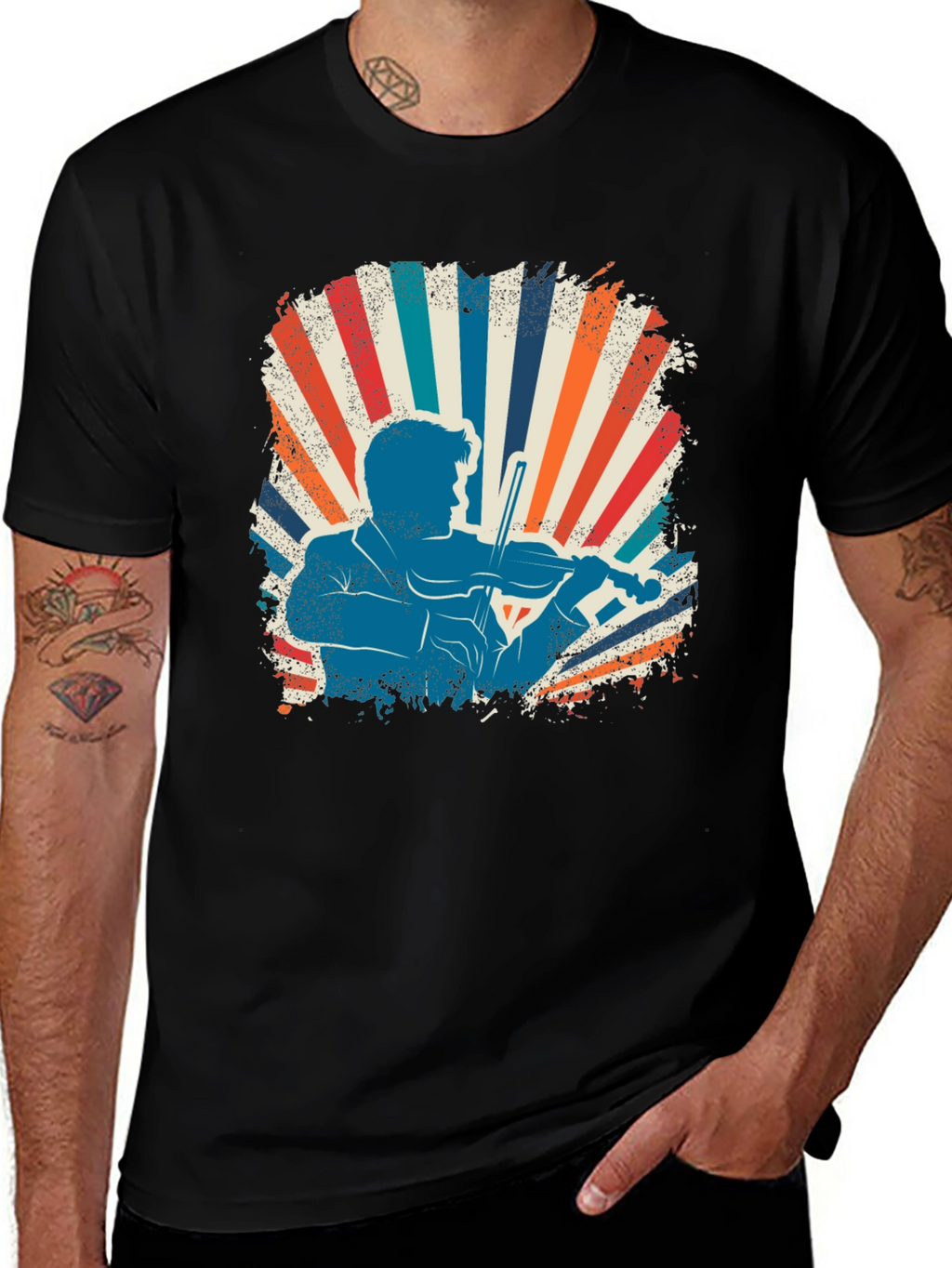 Retro Violinist Graphic Tee - Black Cotton Blend