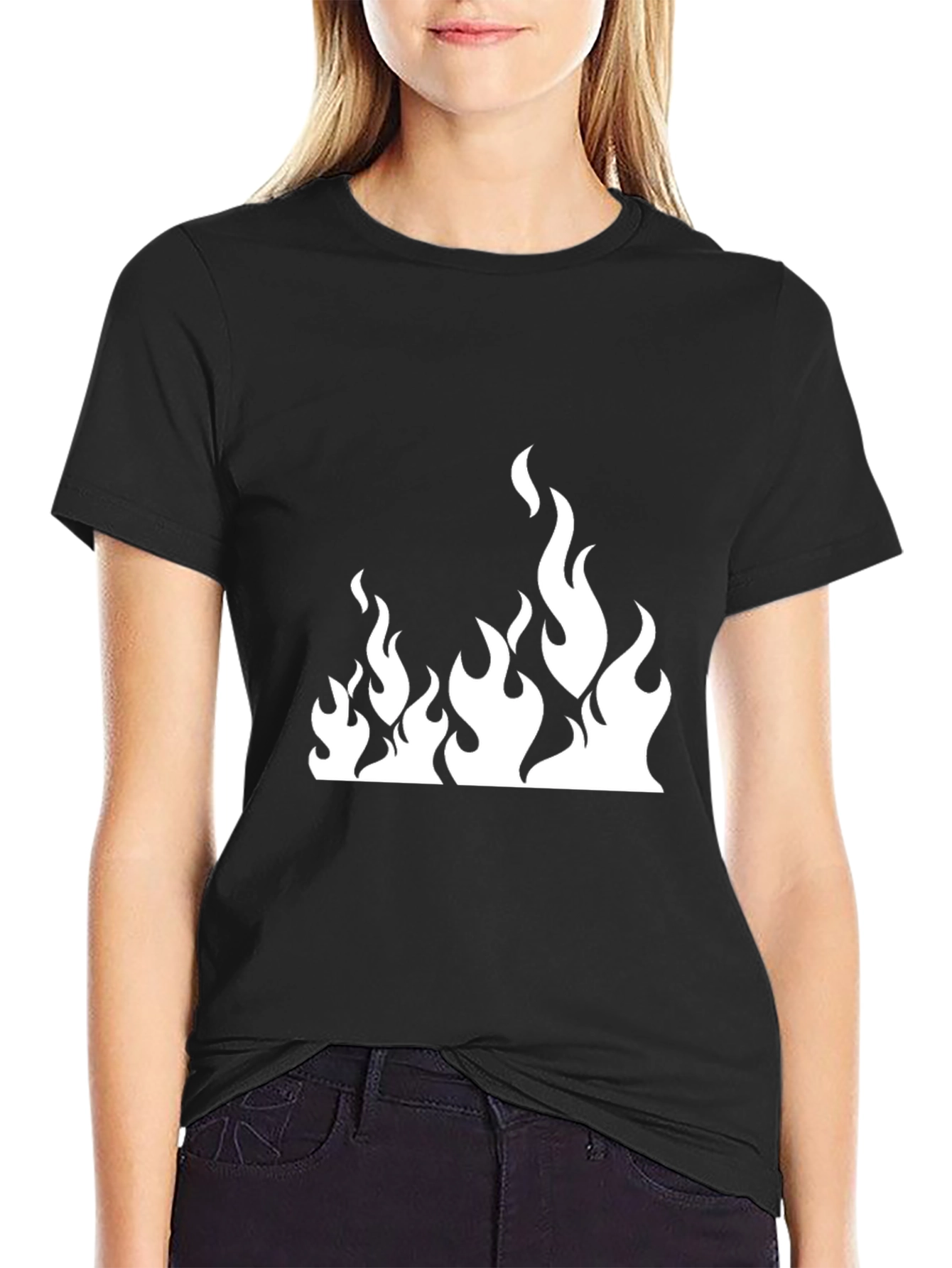 Black T-Shirt with White Flame Graphic